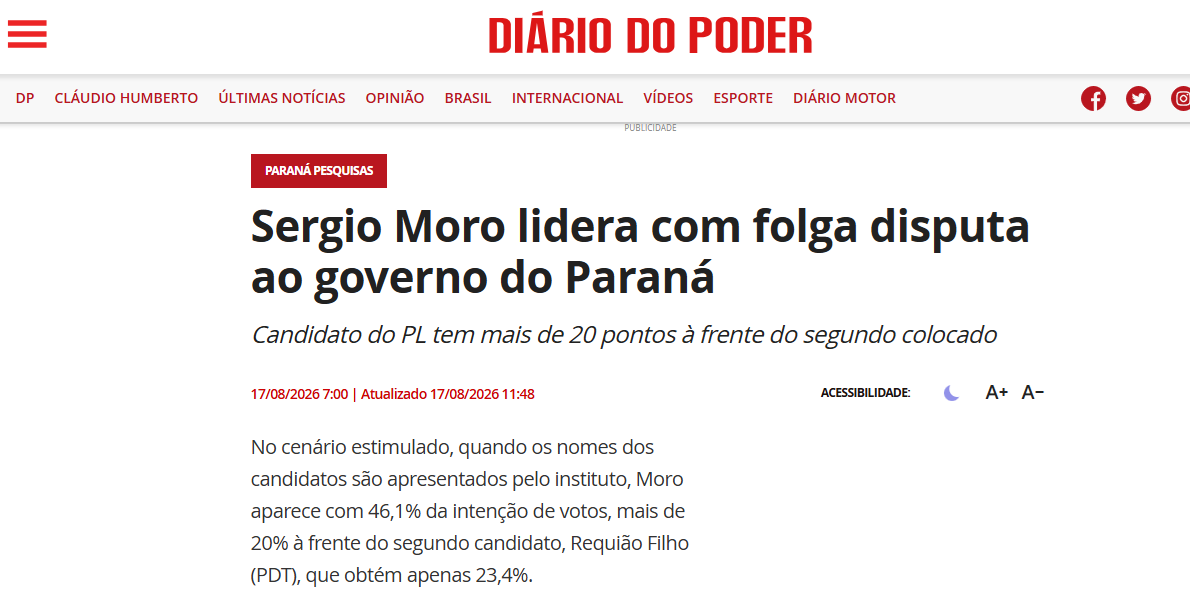 Diário do Poder cita pesquisa realizada para Paraná Pesquisas no Estado do Paraná. 2 Diário do Poder cita pesquisa realizada para Paraná Pesquisas no Estado do Paraná.