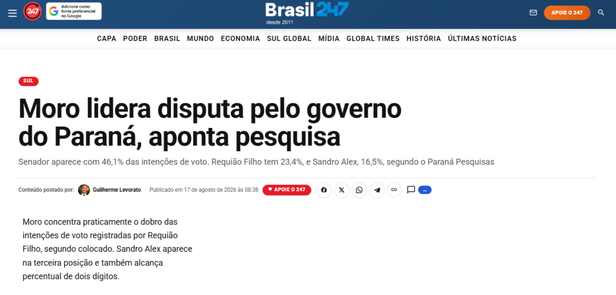 Brasil 247 cita pesquisa realizada para Paraná Pesquisas no Estado do Paraná.