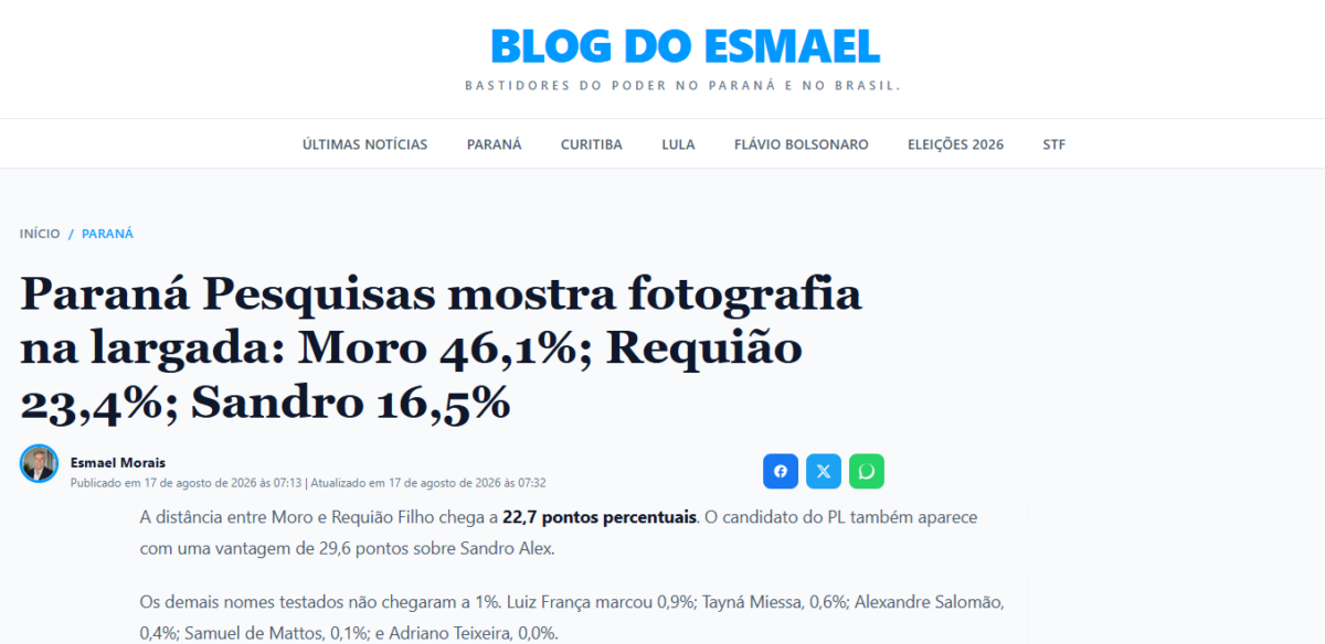 Blog do Esmael cita pesquisa realizada para Paraná Pesquisas no Estado do Paraná.