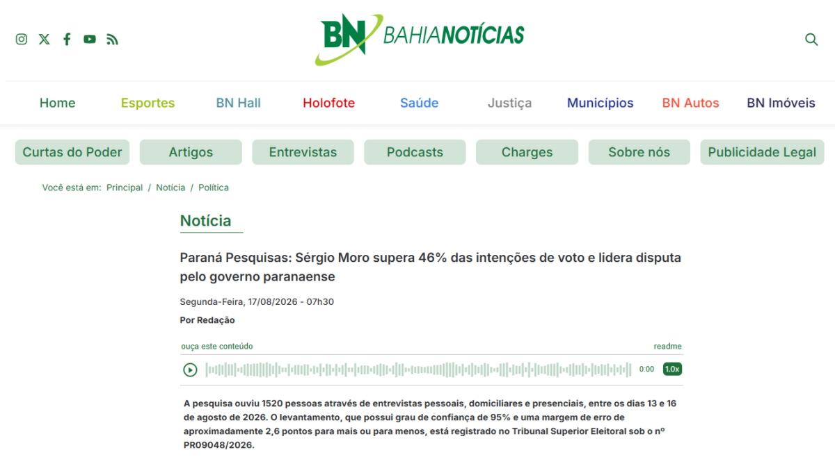 Bahia Notícias cita pesquisa realizada para Paraná Pesquisas no Estado do Paraná.