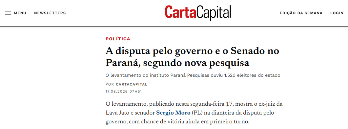 Carta Capital cita pesquisa realizada para Paraná Pesquisas no Estado do Paraná.