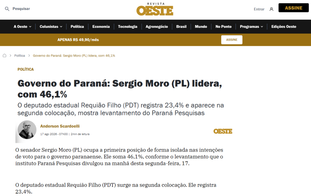 Revista Oeste cita pesquisa realizada para Paraná Pesquisas no Estado do Paraná.