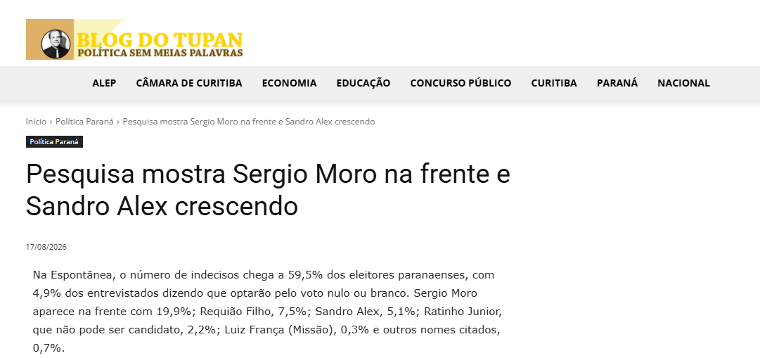 Blog do Tupan cita pesquisa realizada para Paraná Pesquisas no Estado do Paraná. 2 Blog do Tupan cita pesquisa realizada para Paraná Pesquisas no Estado do Paraná.