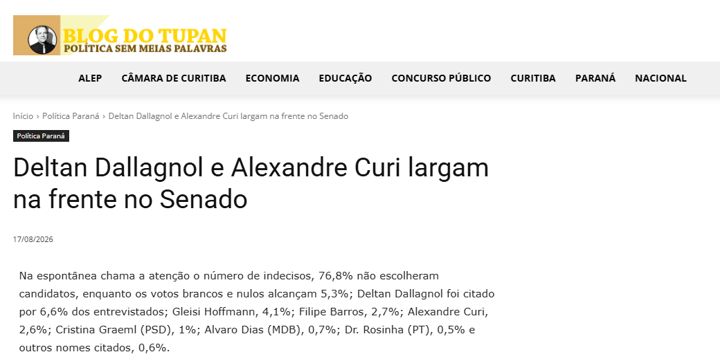 Blog do Tupan cita pesquisa realizada para Paraná Pesquisas no Estado do Paraná.