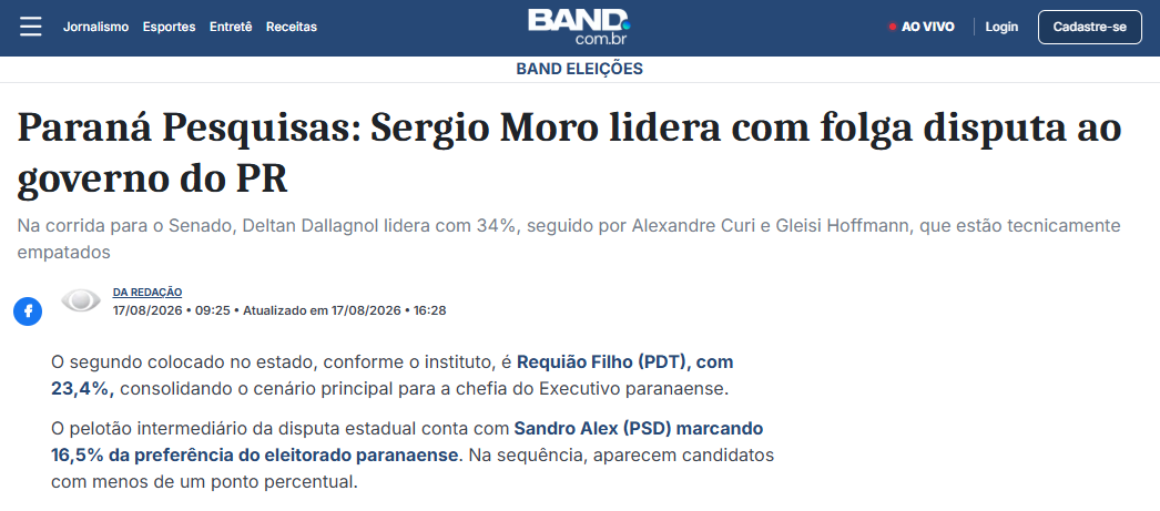 Band cita pesquisa realizada para Paraná Pesquisas no Estado do Paraná. 2 Band cita pesquisa realizada para Paraná Pesquisas no Estado do Paraná.