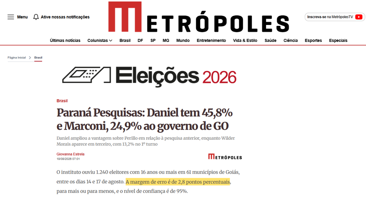 Metrópoles cita pesquisa realizada para Paraná Pesquisas no Estado do Paraná.