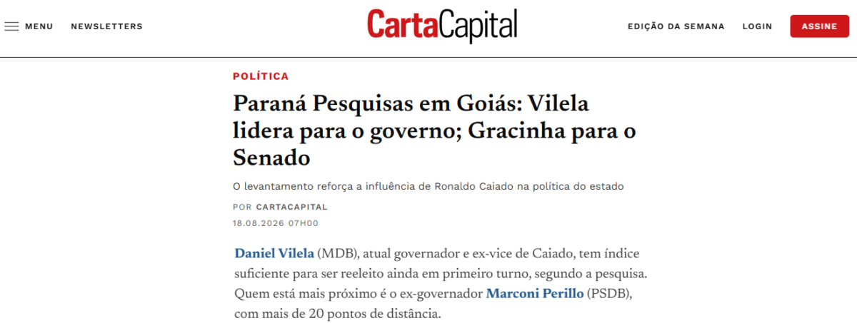 Carta Capital cita pesquisa realizada para Paraná Pesquisas no Estado do Paraná. 2 Carta Capital cita pesquisa realizada para Paraná Pesquisas no Estado do Paraná.