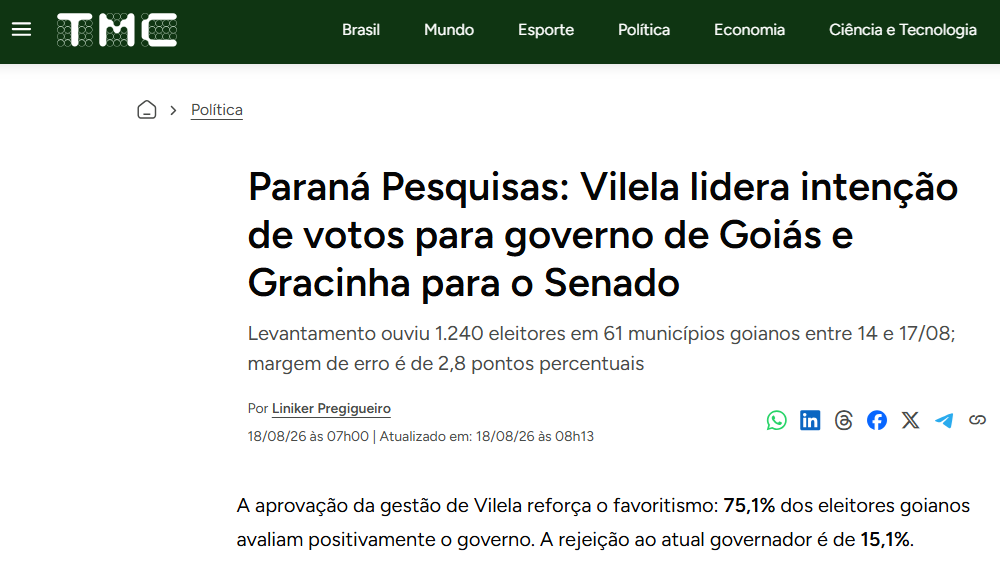 TMC cita pesquisa realizada para Paraná Pesquisas no Estado de Goiás. 2 TMC cita pesquisa realizada para Paraná Pesquisas no Estado de Goiás.