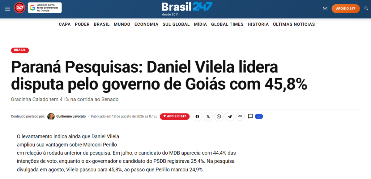 Brasil 247 cita pesquisa realizada para Paraná Pesquisas no Estado de Goiás. 2 Brasil 247 cita pesquisa realizada para Paraná Pesquisas no Estado de Goiás.