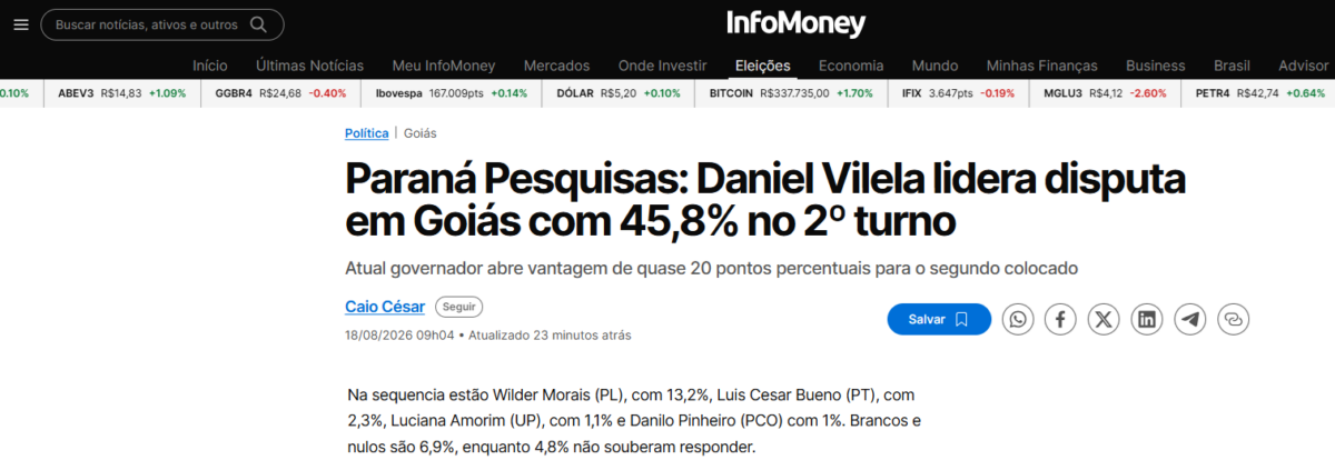 InfoMoney cita pesquisa realizada para Paraná Pesquisas no Estado de Goiás. 2 InfoMoney cita pesquisa realizada para Paraná Pesquisas no Estado de Goiás.