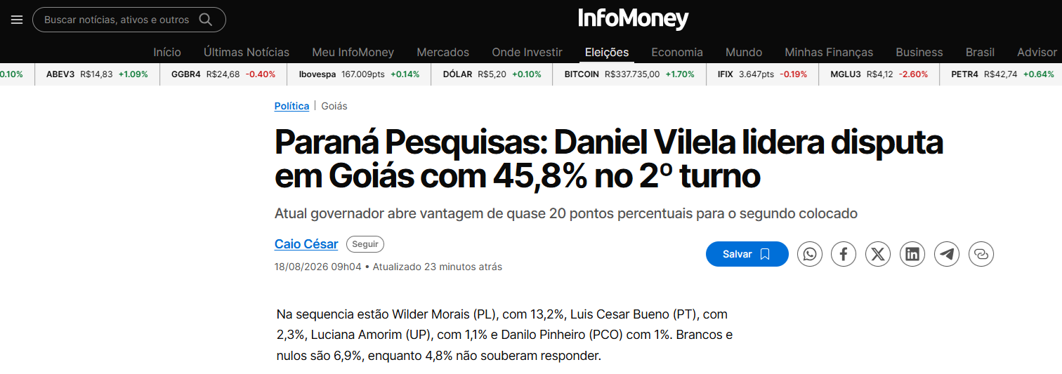 InfoMoney cita pesquisa realizada para Paraná Pesquisas no Estado de Goiás. 1 InfoMoney cita pesquisa realizada para Paraná Pesquisas no Estado de Goiás.