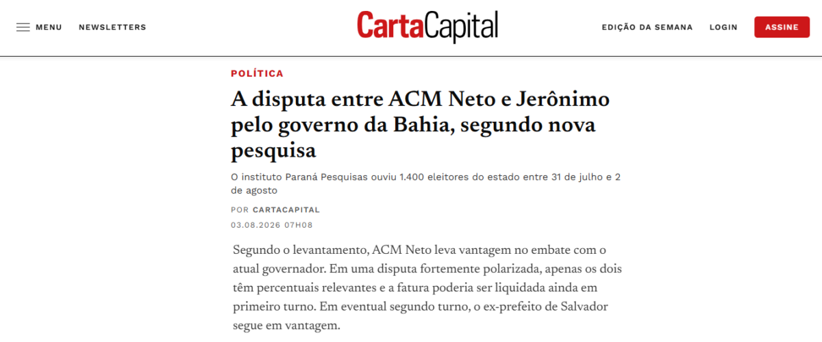 Carta Capital cita pesquisa realizada para Paraná Pesquisas no Estado da Bahia.