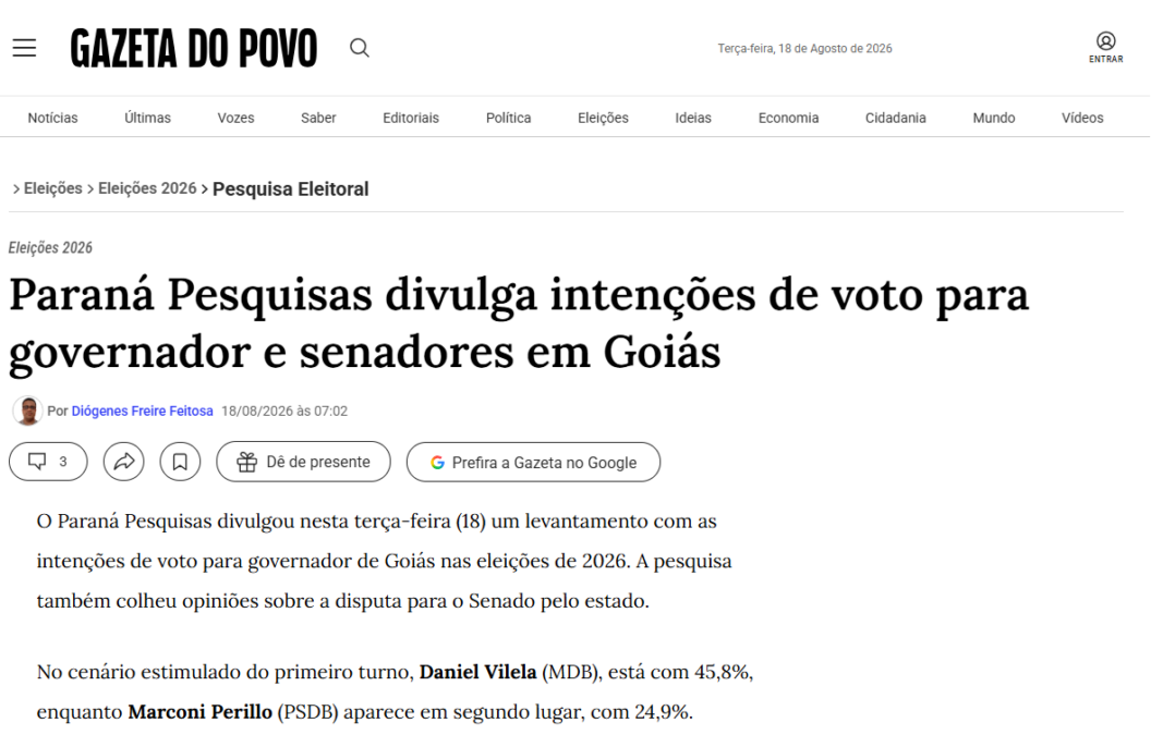 Gazeta do Povo cita pesquisa realizada para Paraná Pesquisas no Estado de Goiás. 2 Gazeta do Povo cita pesquisa realizada para Paraná Pesquisas no Estado de Goiás.