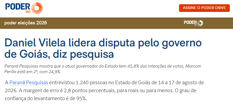 Poder 360 cita pesquisa realizada para Paraná Pesquisas no Estado de Goiás.