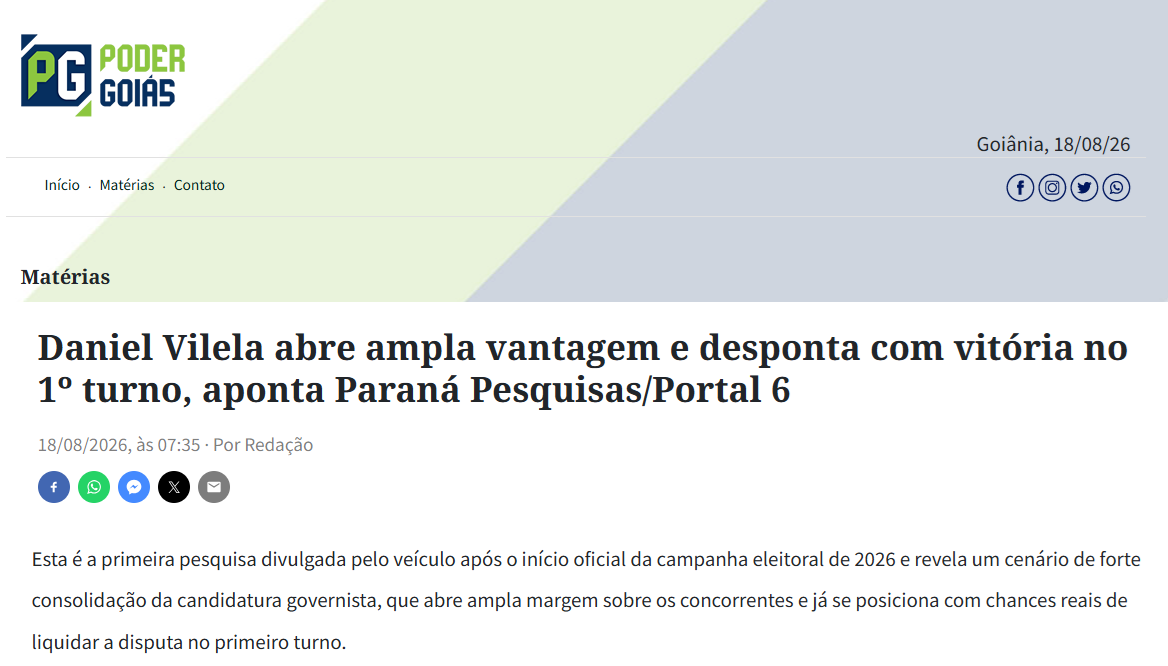Poder Goiás cita pesquisa realizada para Paraná Pesquisas no Estado de Goiás. 2 Poder Goiás cita pesquisa realizada para Paraná Pesquisas no Estado de Goiás.