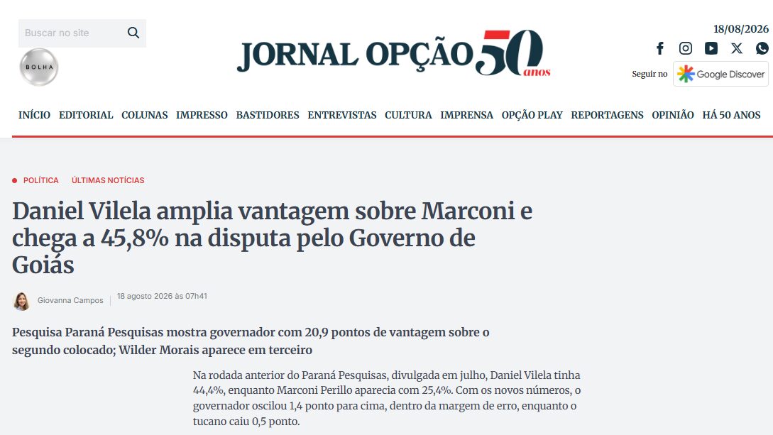 Jornal Opção cita pesquisa realizada para Paraná Pesquisas no Estado de Goiás. 2 Jornal Opção cita pesquisa realizada para Paraná Pesquisas no Estado de Goiás.