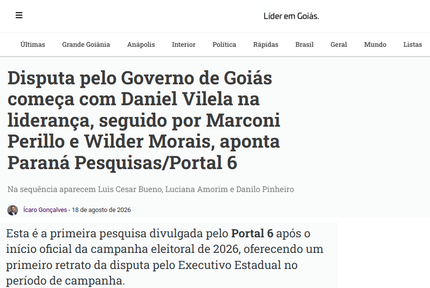 Portal 6 cita pesquisa realizada para Paraná Pesquisas no Estado de Goiás.