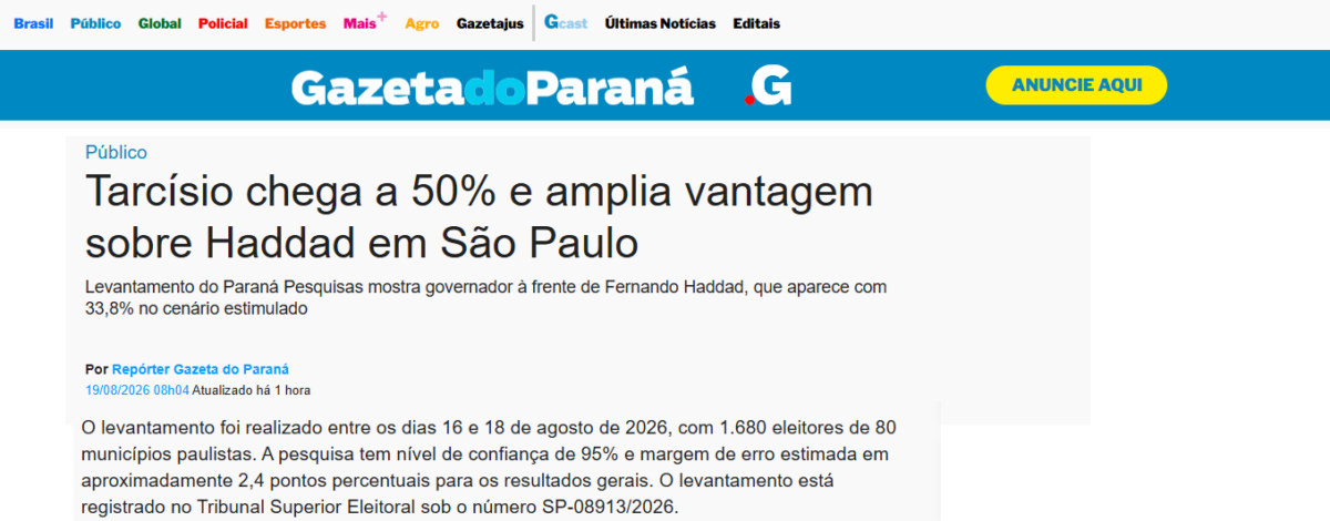 Gazeta do Paraná cita pesquisa realizada para Paraná Pesquisas no Estado de São Paulo.
