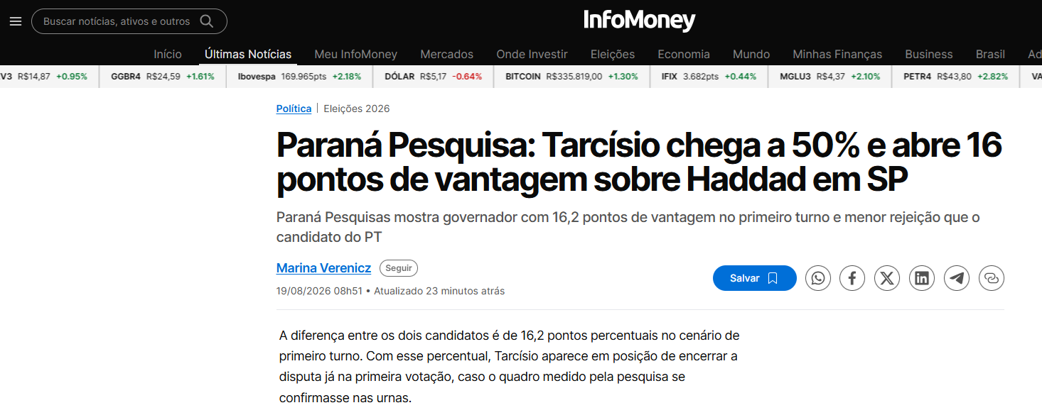 InfoMoney cita pesquisa realizada para Paraná Pesquisas no Estado de São Paulo. 1 InfoMoney cita pesquisa realizada para Paraná Pesquisas no Estado de São Paulo.