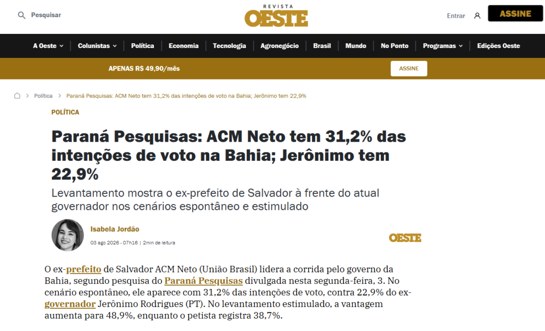 Revista Oeste cita pesquisa realizada para Paraná Pesquisas no Estado da Bahia. 2 Revista Oeste cita pesquisa realizada para Paraná Pesquisas no Estado da Bahia.