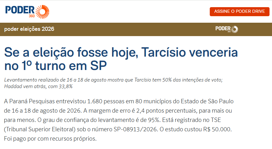 Poder 360 cita pesquisa realizada para Paraná Pesquisas no Estado de São Paulo.