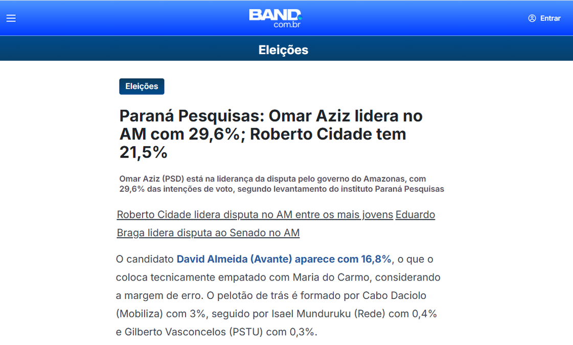 Band cita pesquisa realizada para Paraná Pesquisas no Estado do Amazonas. 2 Band cita pesquisa realizada para Paraná Pesquisas no Estado do Amazonas.
