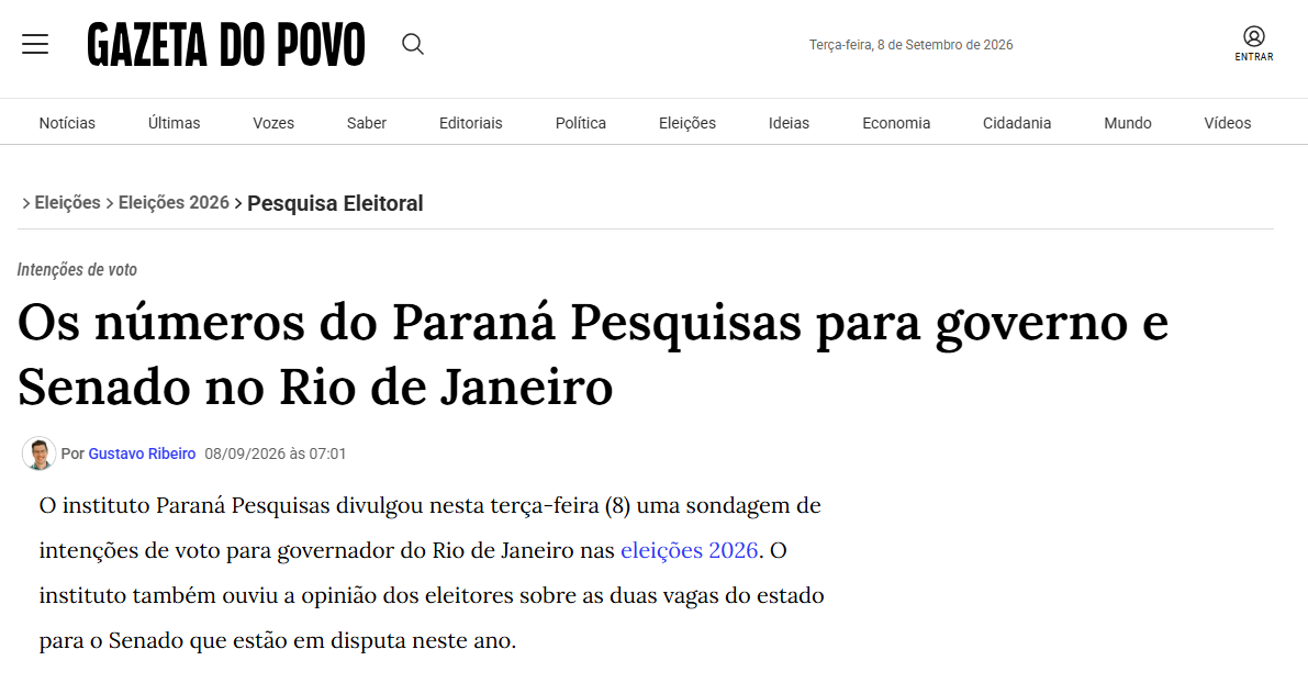 Gazeta do Povo cita pesquisa realizada para Paraná Pesquisas no Estado do Rio de Janeiro. 2 Gazeta do Povo cita pesquisa realizada para Paraná Pesquisas no Estado do Rio de Janeiro.