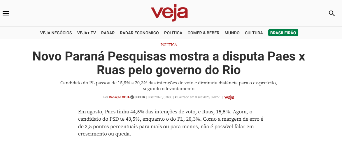 Veja cita pesquisa realizada para Paraná Pesquisas no Estado do Rio de Janeiro. 2 Veja cita pesquisa realizada para Paraná Pesquisas no Estado do Rio de Janeiro.