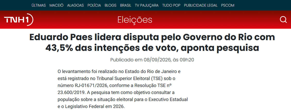 TNH1 cita pesquisa realizada para Paraná Pesquisas no Estado do Rio de Janeiro. 2 TNH1 cita pesquisa realizada para Paraná Pesquisas no Estado do Rio de Janeiro.
