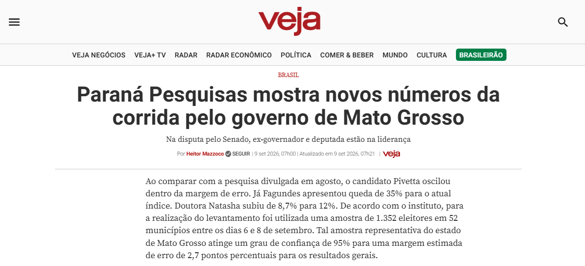 Veja cita pesquisa realizada para Paraná Pesquisas no Estado de Mato Grosso. 2 Veja cita pesquisa realizada para Paraná Pesquisas no Estado de Mato Grosso.