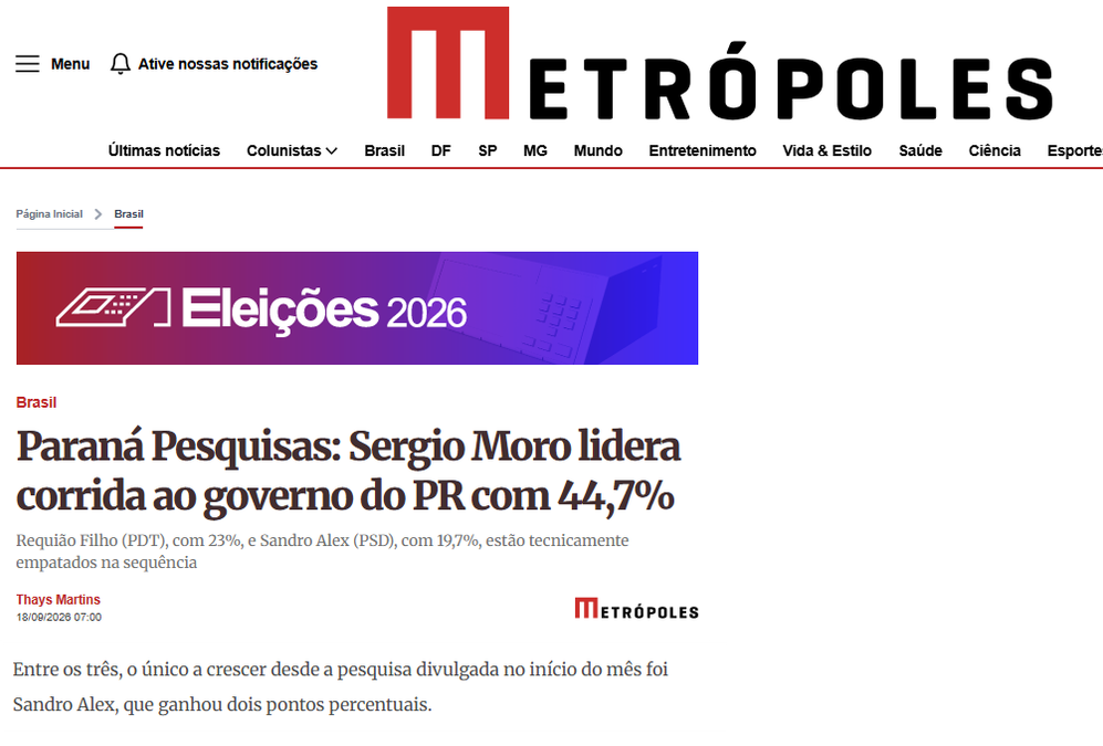 Metrópoles cita pesquisa realizada para Paraná Pesquisas no Estado do Paraná.