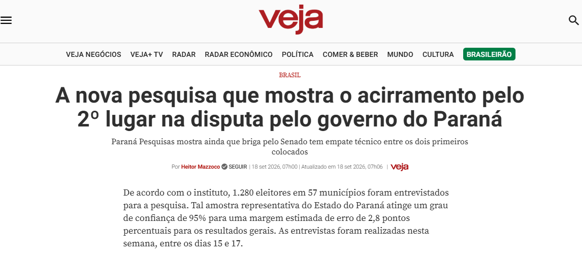 Veja cita pesquisa realizada para Paraná Pesquisas no Estado do Paraná.