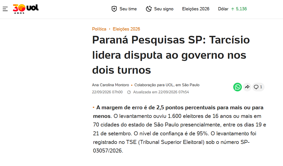 UOL Notícias cita pesquisa realizada para Paraná Pesquisas no Estado de São Paulo. 2 UOL Notícias cita pesquisa realizada para Paraná Pesquisas no Estado de São Paulo.