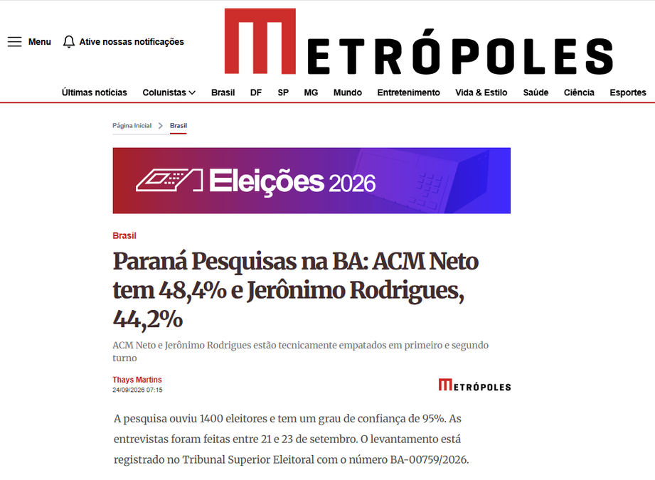 Metrópoles cita pesquisa realizada para Paraná Pesquisas no Estado da Bahia.