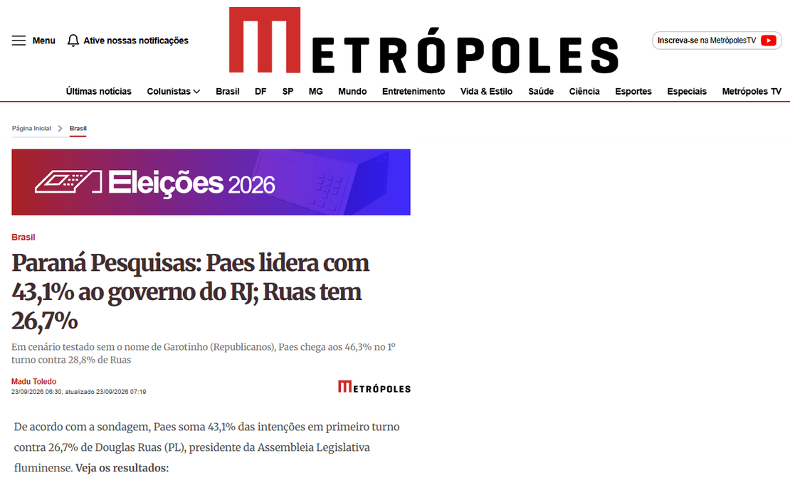Metrópoles cita pesquisa realizada para Paraná Pesquisas no Estado do Rio de Janeiro.