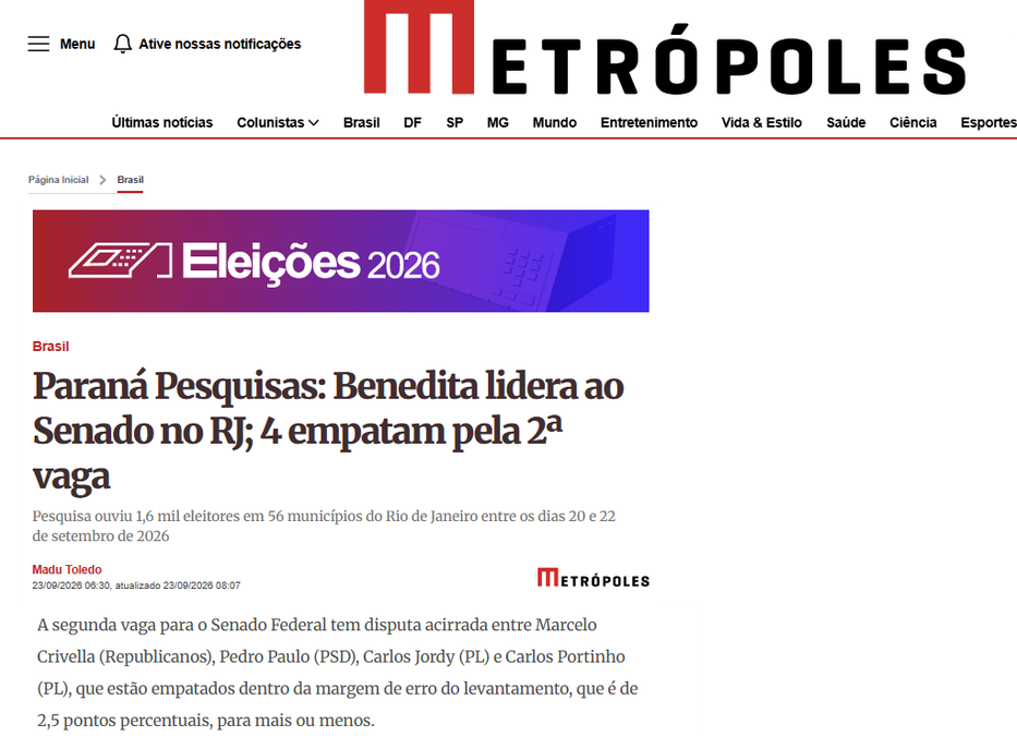 Metrópoles cita pesquisa realizada para Paraná Pesquisas no Estado do Rio de Janeiro.