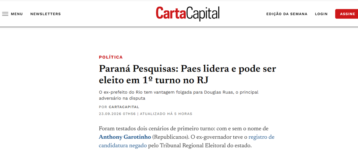 Carta Capital cita pesquisa realizada para Paraná Pesquisas no Estado do Rio de Janeiro.