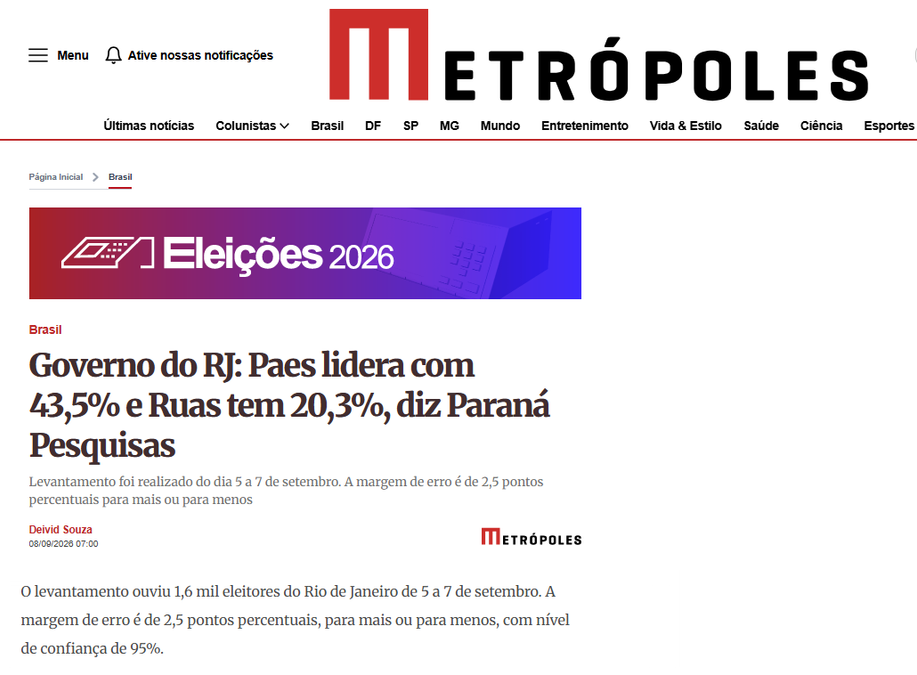 Metrópoles cita pesquisa realizada para Paraná Pesquisas no Estado do Rio de Janeiro. 2 Metrópoles cita pesquisa realizada para Paraná Pesquisas no Estado do Rio de Janeiro.