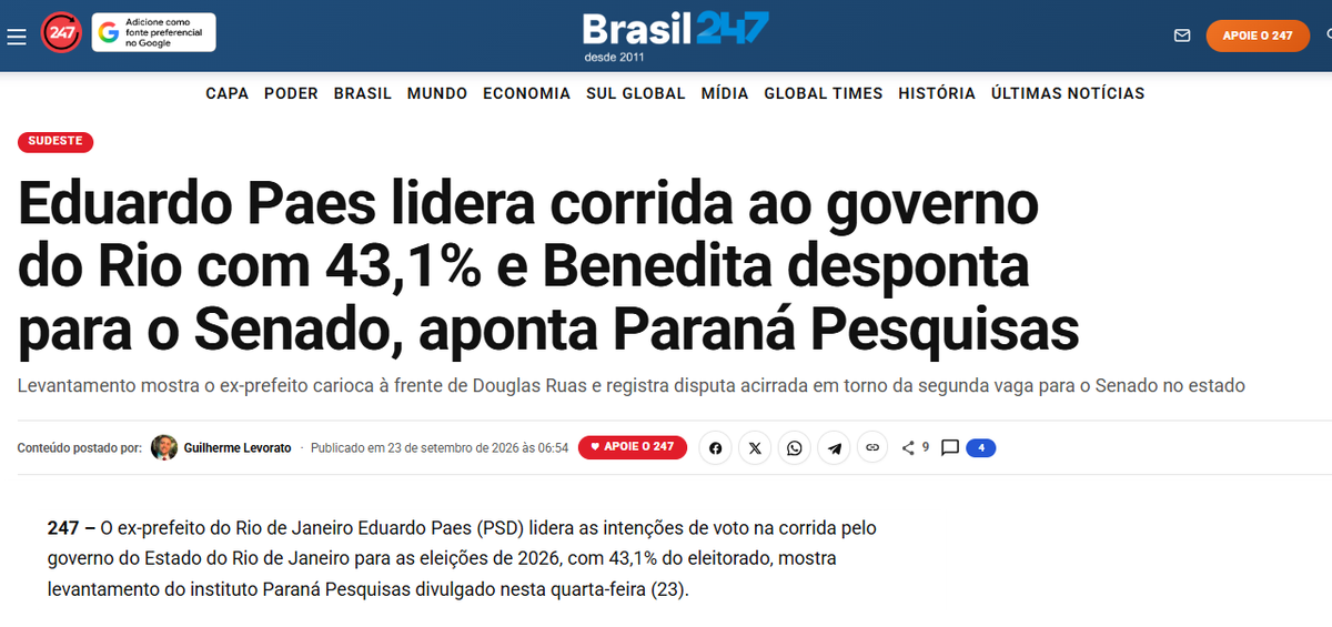 Brasil 247 cita pesquisa realizada para Paraná Pesquisas no Estado do Rio de Janeiro.
