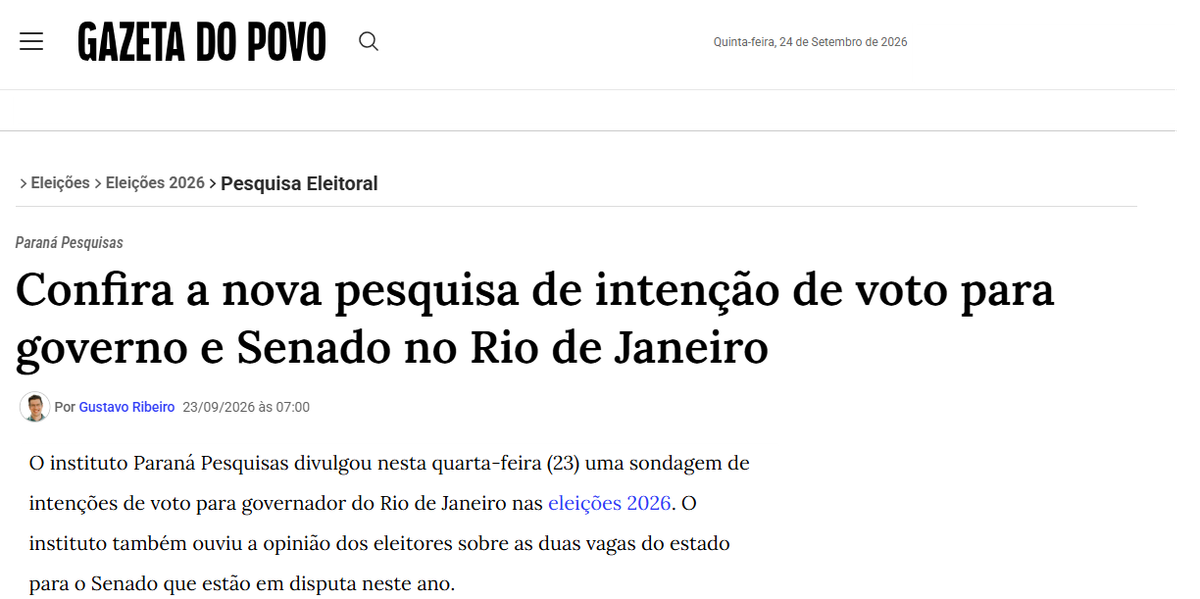 Gazeta do Povo cita pesquisa realizada para Paraná Pesquisas no Estado do Rio de Janeiro. 2 Gazeta do Povo cita pesquisa realizada para Paraná Pesquisas no Estado do Rio de Janeiro.