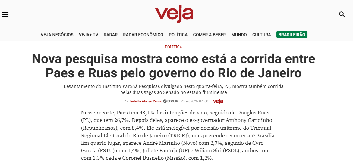 Veja cita pesquisa realizada para Paraná Pesquisas no Estado do Rio de Janeiro. 2 Veja cita pesquisa realizada para Paraná Pesquisas no Estado do Rio de Janeiro.
