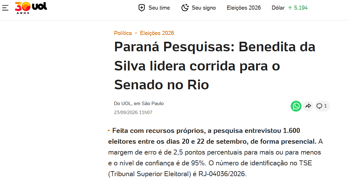 UOL Notícias cita pesquisa realizada para Paraná Pesquisas no Estado do Rio de Janeiro.