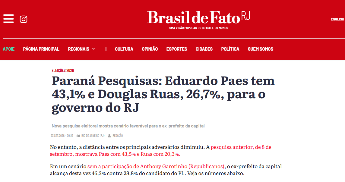Brasil de Fato cita pesquisa realizada para Paraná Pesquisas no Estado do Rio de Janeiro.