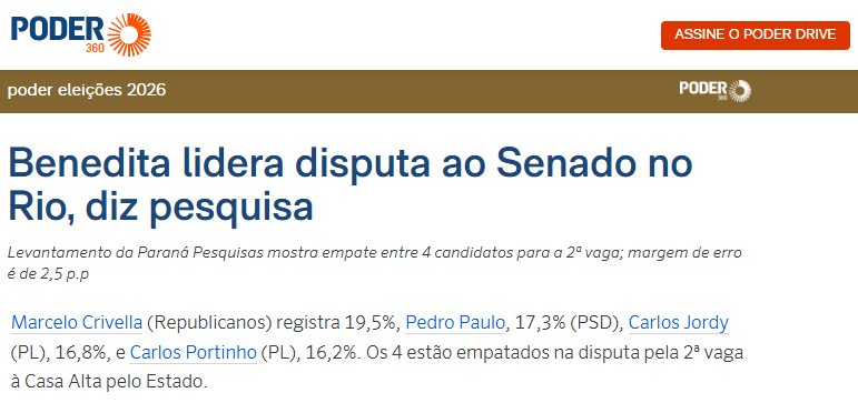 Poder 360 cita pesquisa realizada para Paraná Pesquisas no Estado do Rio de Janeiro.