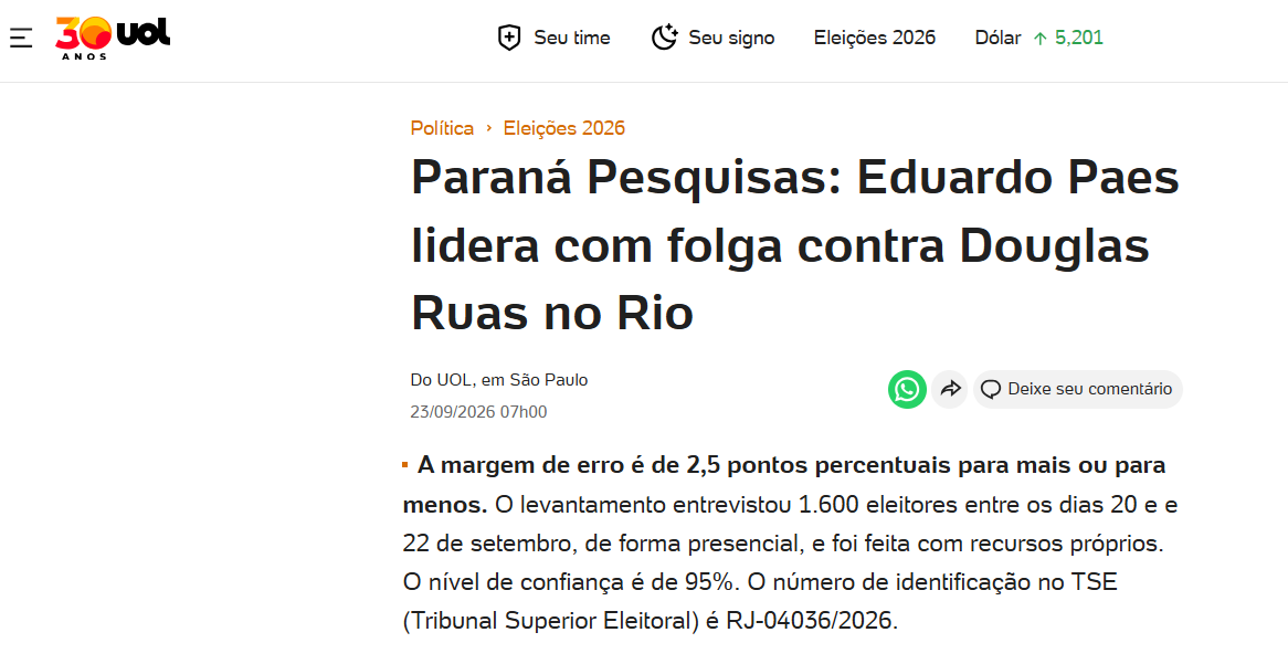 UOL Notícias cita pesquisa realizada para Paraná Pesquisas no Estado do Rio de Janeiro. 2 UOL Notícias cita pesquisa realizada para Paraná Pesquisas no Estado do Rio de Janeiro.