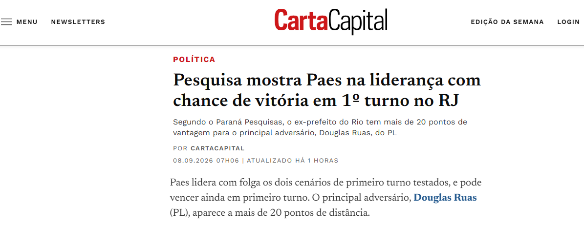 Carta Capital cita pesquisa realizada para Paraná Pesquisas no Estado do Rio de Janeiro. 2 Carta Capital cita pesquisa realizada para Paraná Pesquisas no Estado do Rio de Janeiro.