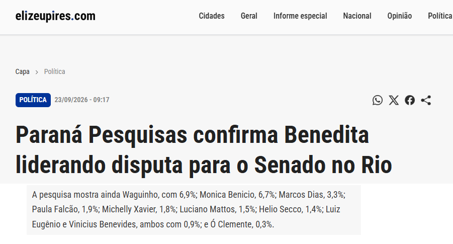 Blog Elizeu Pires cita pesquisa realizada para Paraná Pesquisas no Estado do Rio de Janeiro.