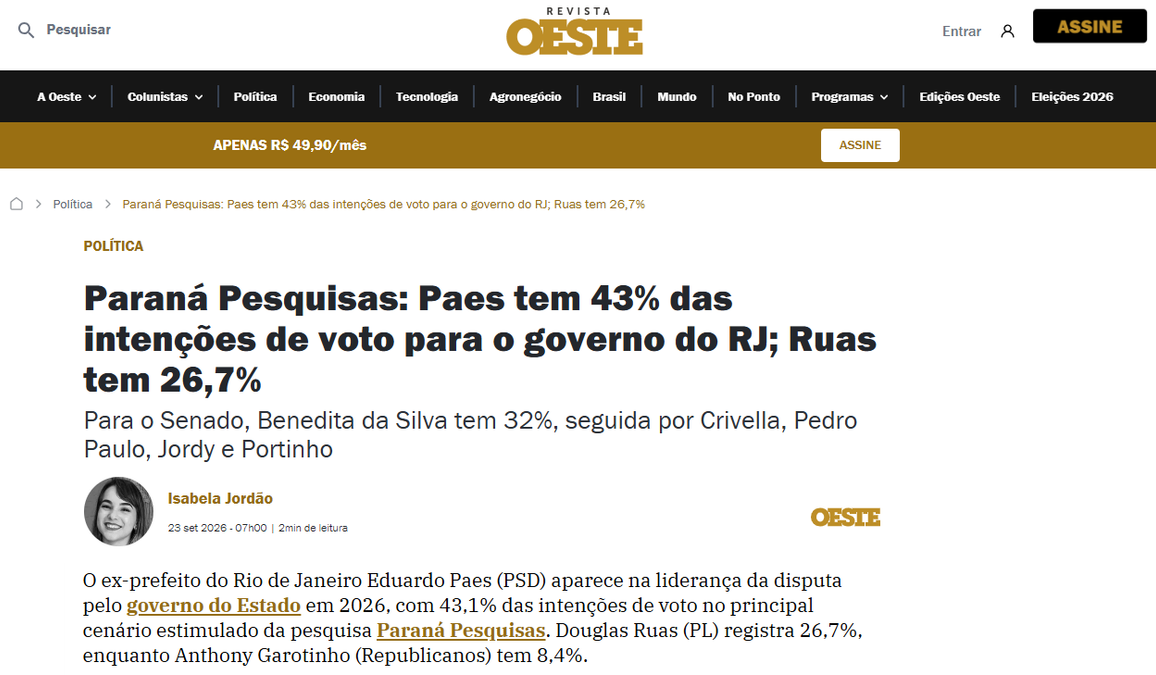 Revista Oeste cita pesquisa realizada para Paraná Pesquisas no Estado do Rio de Janeiro.