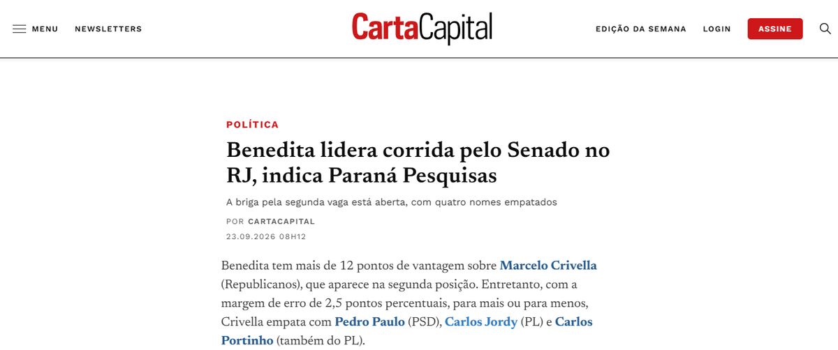 Carta Capital cita pesquisa realizada para Paraná Pesquisas no Estado do Rio de Janeiro.