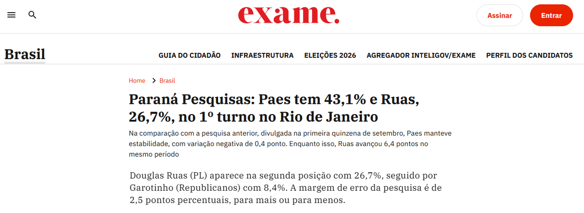 Exame cita pesquisa realizada para Paraná Pesquisas no Estado do Rio de Janeiro.